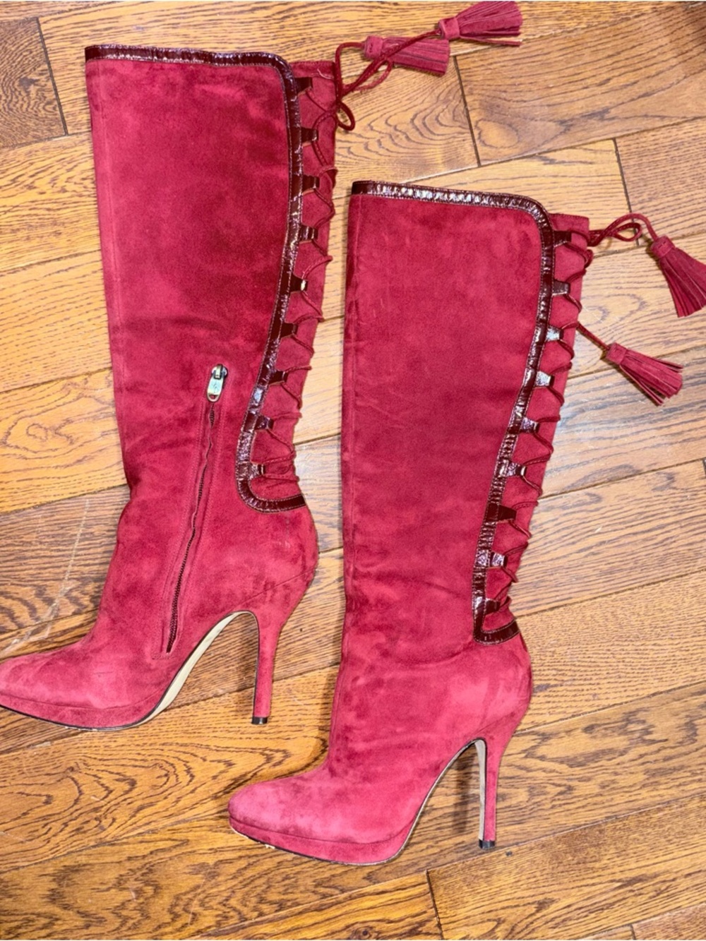 Joan and David Women's Tall Suede Lace-Up High Heel Boots - Red with Tassel 6M